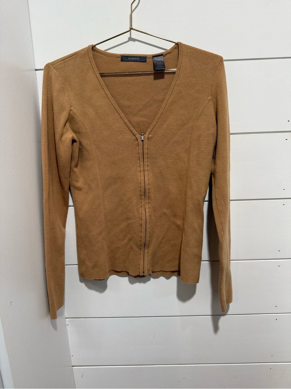 Liz Claiborne Camel V-Neck Zip Front Sweater